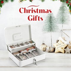 Cash Box Lock Money Tray Metal Safe Register 11.8×9.4×3.54 Inch White Large