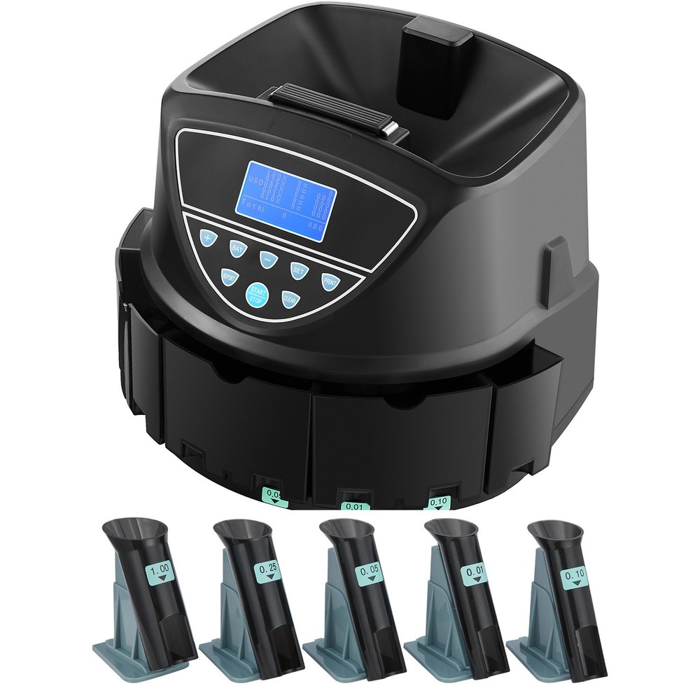 USD Coin Sorter with Screen Display Holds up to 1500 Coins 5 Coin Tubes