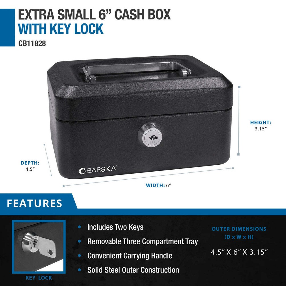 BARSKA 6 Inch Small Steel Cash Box Safe w/ Removable Tray and Key Lock, CB11828