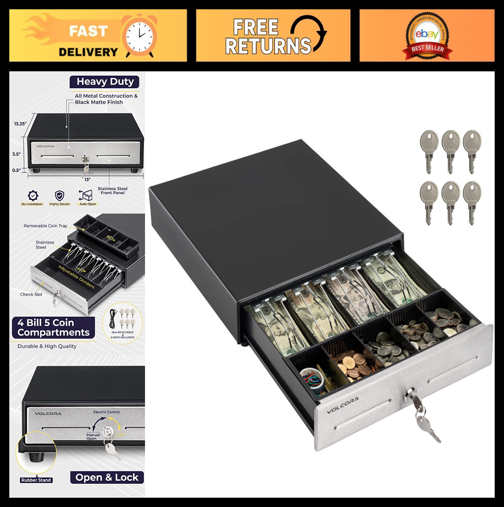 13″ Cash Register Drawer for POS System – 4 Bill 5 Coin Tray, Key-Lock, Removabl