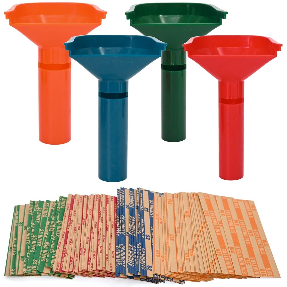 150 Assorted Flat Striped Coin Wrappers & 4 Coin Sorters Tubes, Color-Coded Coin