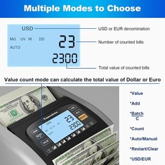 Money Counter Machine Bill Counter with Value Count, Dollar, Euro, MXN, UV/MG…