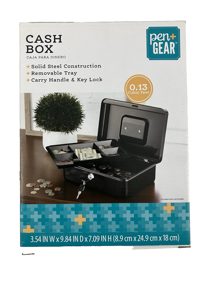 Pen Gear Medium Steel Cash Box Black Key Lock with Tray Secure Money Box