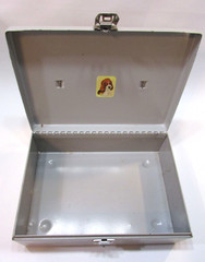 Vintage 1970s Industrial Beige Orange Peel Textured Steel Cash Box File w Handle