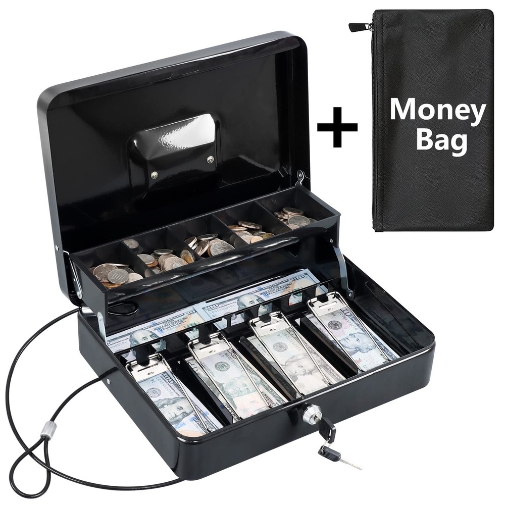KYODOLED Cash Box with Money Tray, Key Lock Money Safe with Security Cable an…
