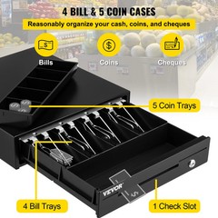 SucceBuy 16″ Cash Register Drawer POS System 12V 5 Bill 8 Coin Trays 2 Keys