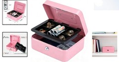 Compact Pink Cash Lock Box with Key, Double Layer for Coins & Cash Storage