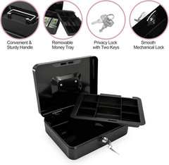 10″ Cash Box with Money Tray, Black, Large | Metal Money Safe Lock Box, Key Lock