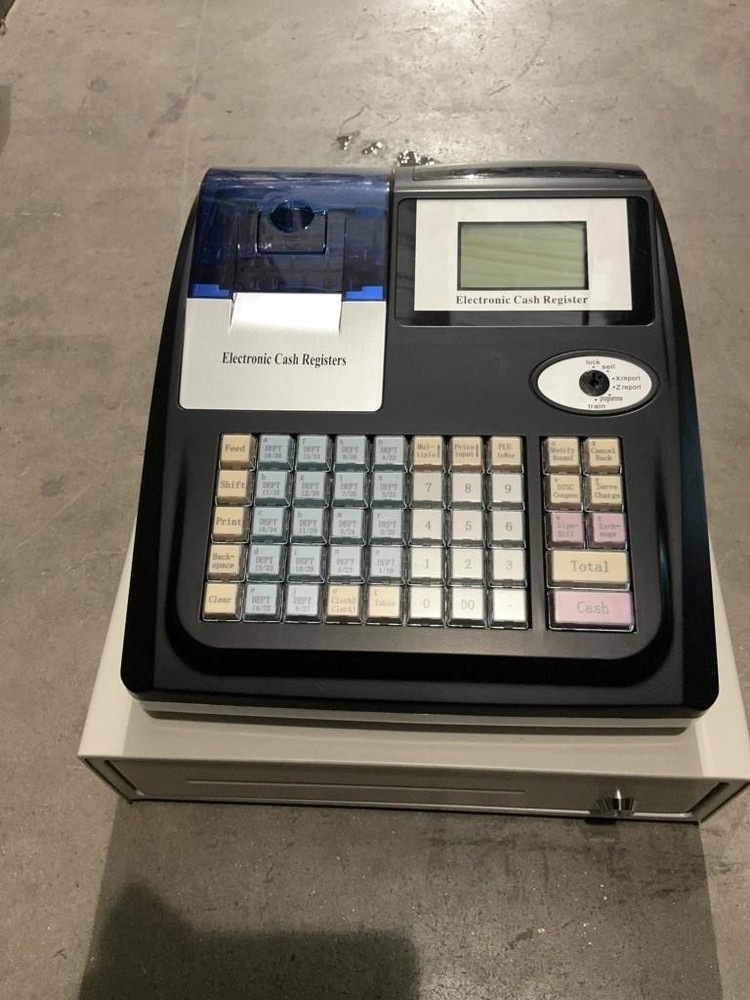 New In Box Electronic Black Cash Register, LCD Display 50 keys