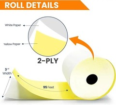 (32 Rolls) 2 Ply Kitchen Printer Paper White/Yellow Carbonless Rolls 3″ x 95′