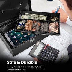 Cash Box with Money Tray and Lock – Metal Money Box for Cash Storage with Sec…