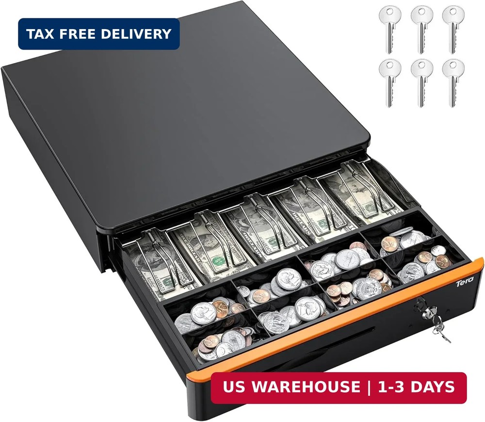 Tera 16 inch Auto Open Cash Drawer with Heavy Duty Insert Tray 5 Bill 8 Coin for