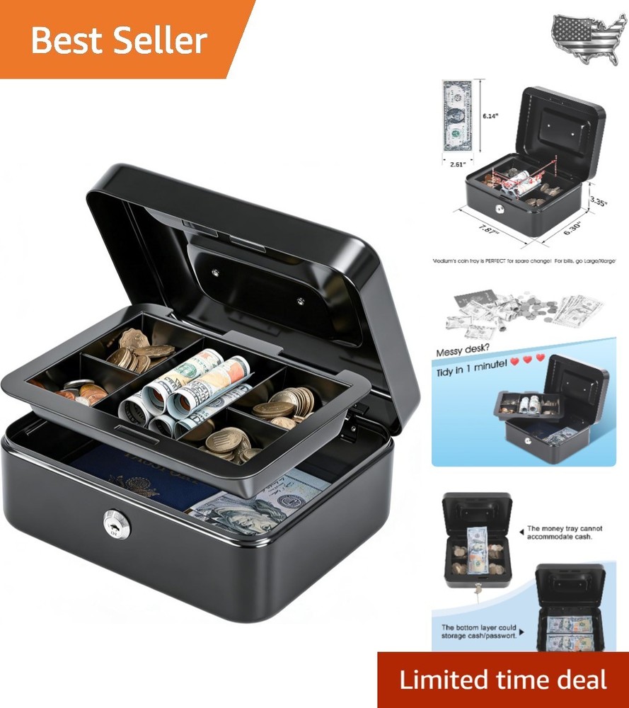 Durable Medium Cash Box with 2 Keys, Removable Money Tray – Black Steel