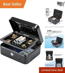 Durable Medium Cash Box with 2 Keys, Removable Money Tray – Black Steel