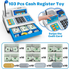 Kids Toy Cash Register 103 Pcs Set With Calculator Coins Card Grocery Play Set