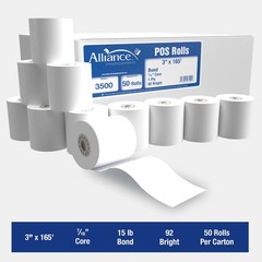 Alliance Bond Paper Receipt Rolls 1 Ply, 92 Bright, 3″x165′, 50 Rolls