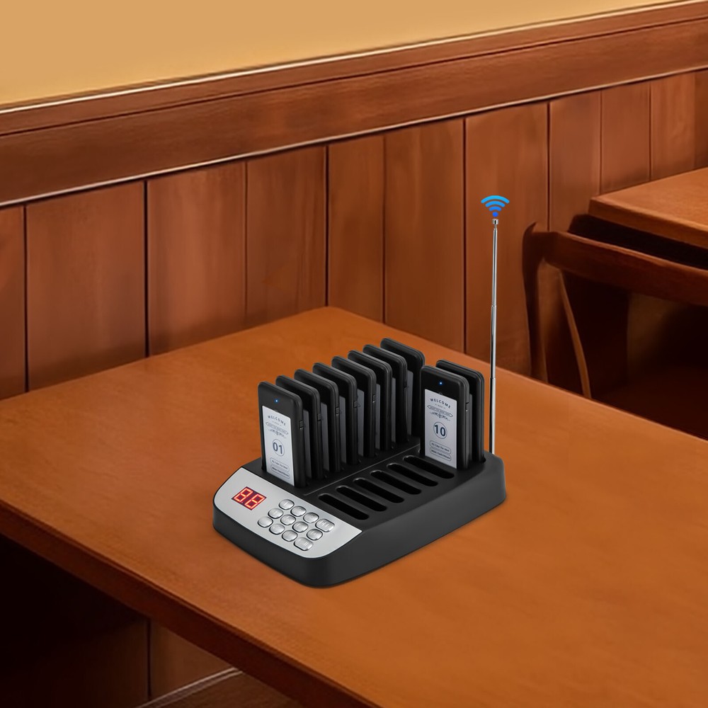 Black Restaurant Pager System 10 Pagers, with Vibration, Light, Dripping Sound
