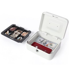 White Small Metal Cash Money Box Tray Lock Safe Storage 7.87×6.3×3.54 Inch