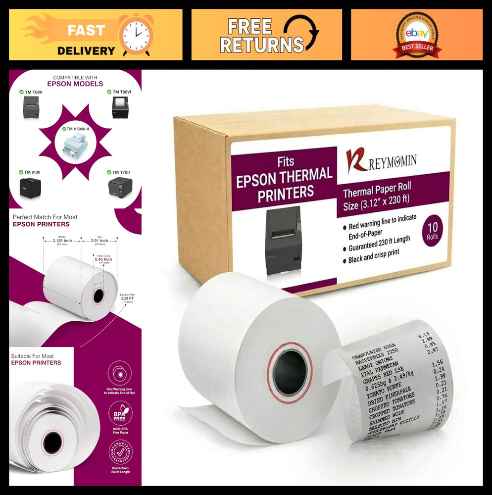 Thermal Paper Receipt Rolls 3 1/8 x 230mm for Epson Printers – Pack of 10