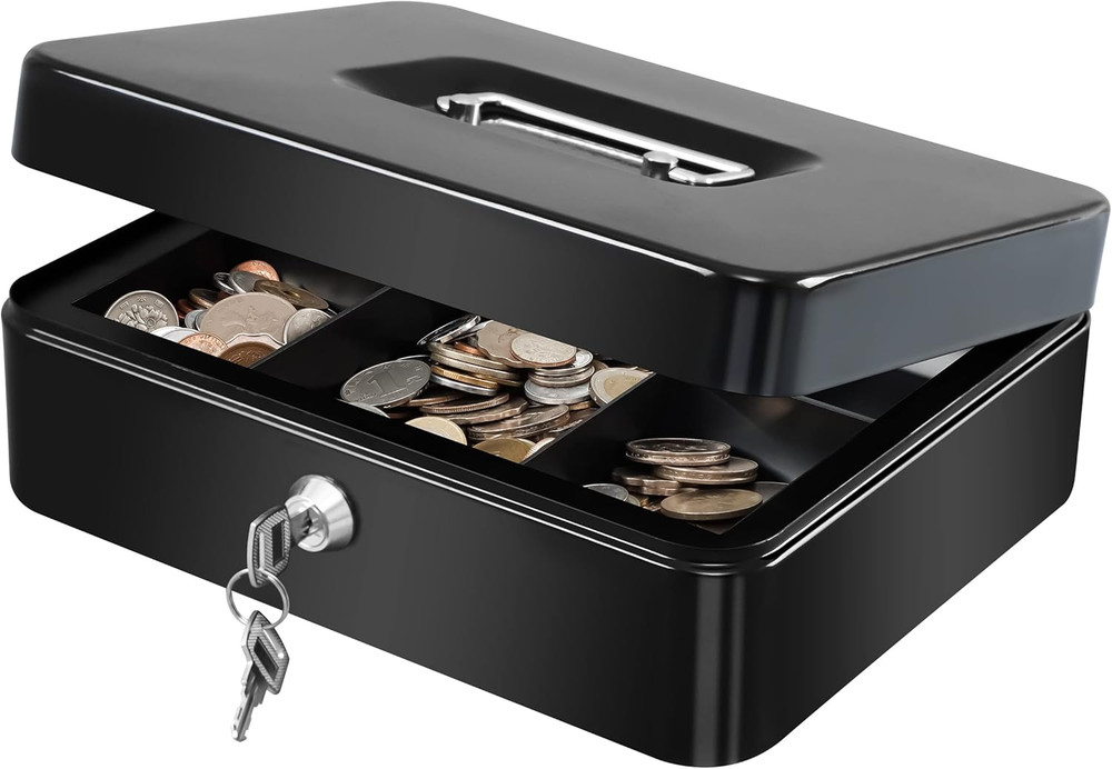 Secure Large Metal Cash Box with Lock & Tray – 9.84″x7.87″x3.54″ Black