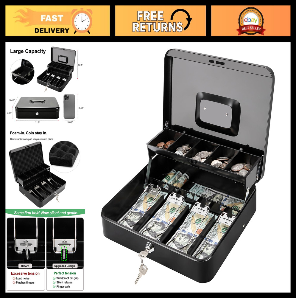 Secure Cash Box with Key Lock – Durable Steel, Spill-Proof Coin Tray, Portable C
