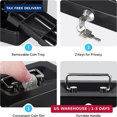Mini Cash Box with Slot Small Cash Box with Money Tray and Key Lock, Metal Lock