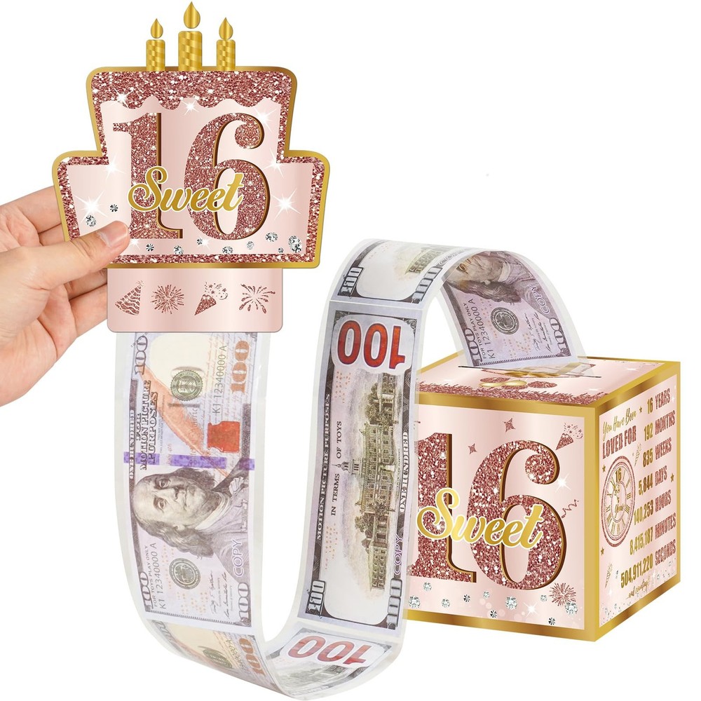 Sweet 16th Birthday Pull-Out Money Gift Box for Girls – Pink Rose Gold Happy …