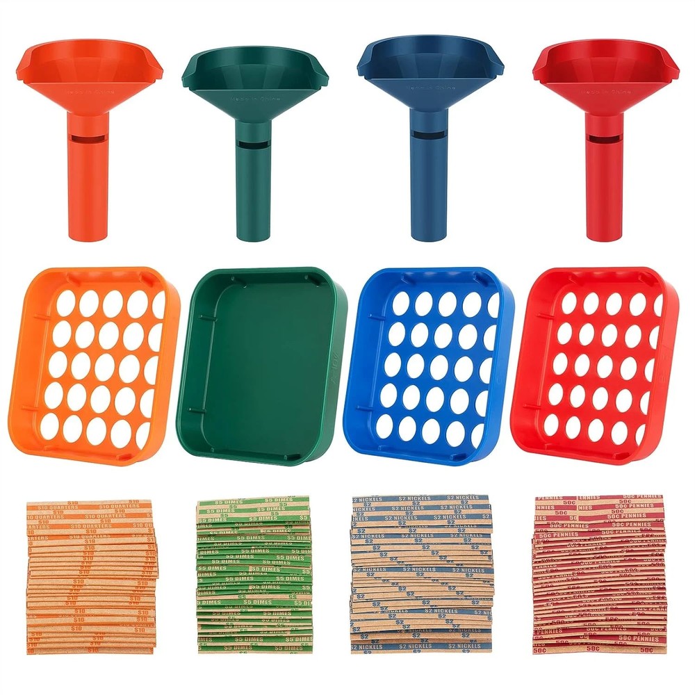 Coin Sorter Tray & Coin Sorter Tube – 4 Color Coded Coin Separator Trays and Coi