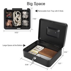 Cash Box with Lock and Money Tray Metal Large ys/m, Black-Large