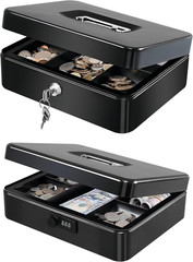 Cash Box with Money Tray and Lock, Secure Cash Box, Steel, Key Lock, Black