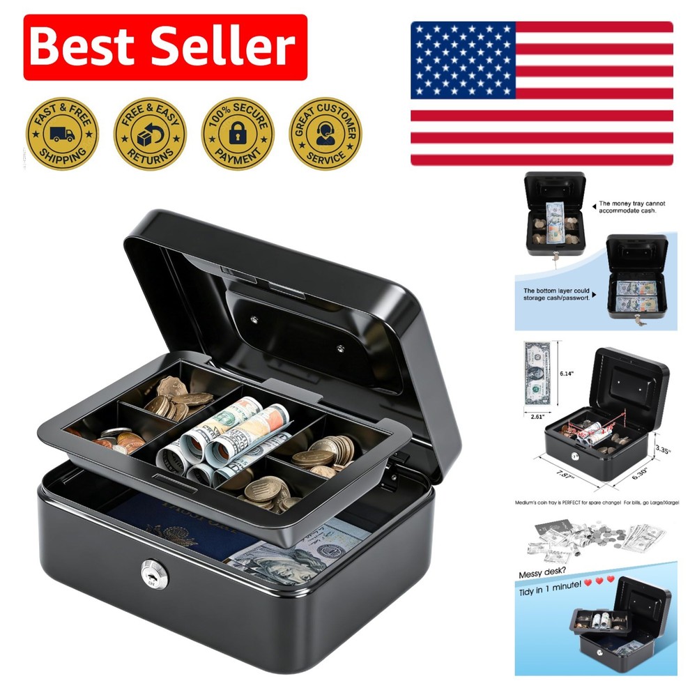 Compact Black Cash Box: Key Lock Storage with Removable Tray for Home & Business