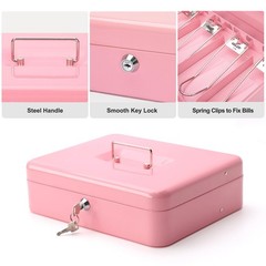 Pink XLarge Metal Cash Box Money Tray Key Lock Safe Organizer 11.8×9.5×3.5″