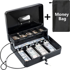 Cash Box with Key Lock, Anti-Theft Cable & Waterproof Pouch–0.7Mm Thick Metal Mo