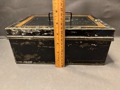BLACK TIN METAL CASH DOCUMENT COLLECTORS BIN LOCK BOX NO KEY FOR PART/REPAIR VTG
