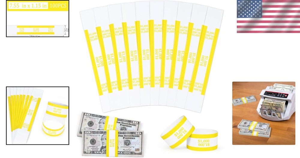 Self-Adhesive Currency Straps for Bills – 7.5×1.15 Inches in Yellow (100pcs)
