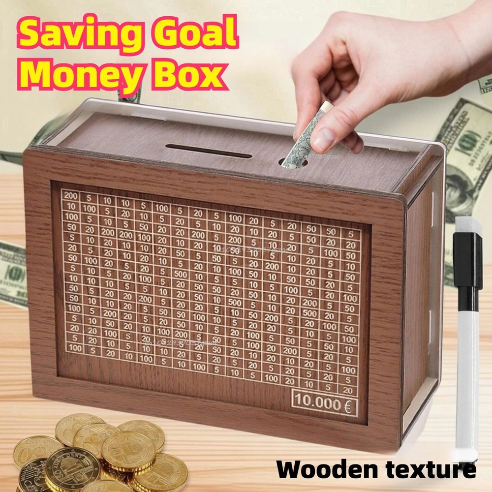 $10000 Money Saving Challenge Box Cash Vault Wooden Savings Box Cash Saver w/pen