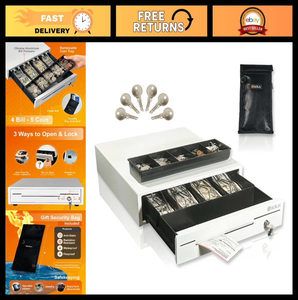 13″ Cash Drawer for POS Systems – Removable Coin Tray, Key Lock, 4 Bill, 5 Coin,