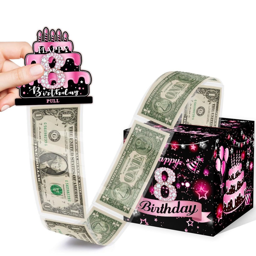 Birthday Money Box 8-Year-Old Cash Gift Surprise Pink Decor 35 Bags Incl.