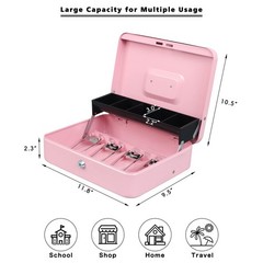 xydled Cash Box with Money Tray and Key Lock,Tiered, key lock, Pink Lock
