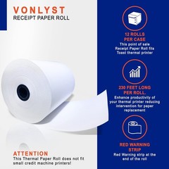 Thermal Printer Paper Roll for Toast TP200 Receipt Printer Point of 12 rolls