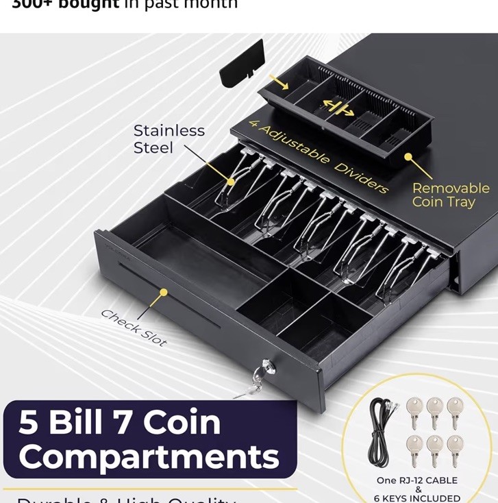 Cash Register Drawer 16″ POS System Bill Coin Slot Money Box RJ11/RJ12 Key Lock