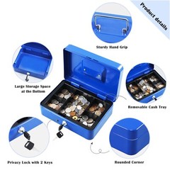 Cash Box with Key Lock Blue Steel Removable Coin Tray 9.84×7.87×3.54 Inch