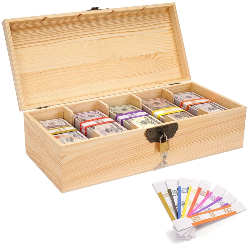 Wooden Currency Tray with Locking Cover and Coin Tray