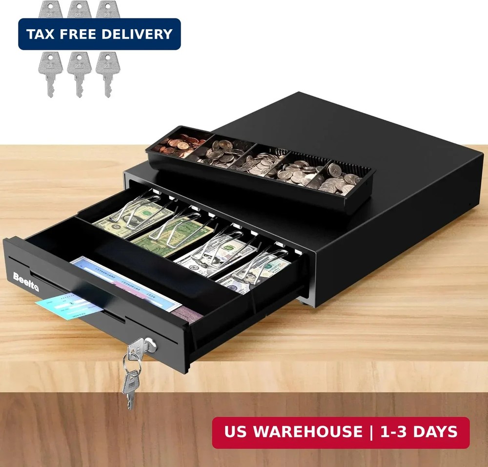 13″ Cash Register Drawer for Small Business, 4 Bill/5 Coin with Check Slot, Stee