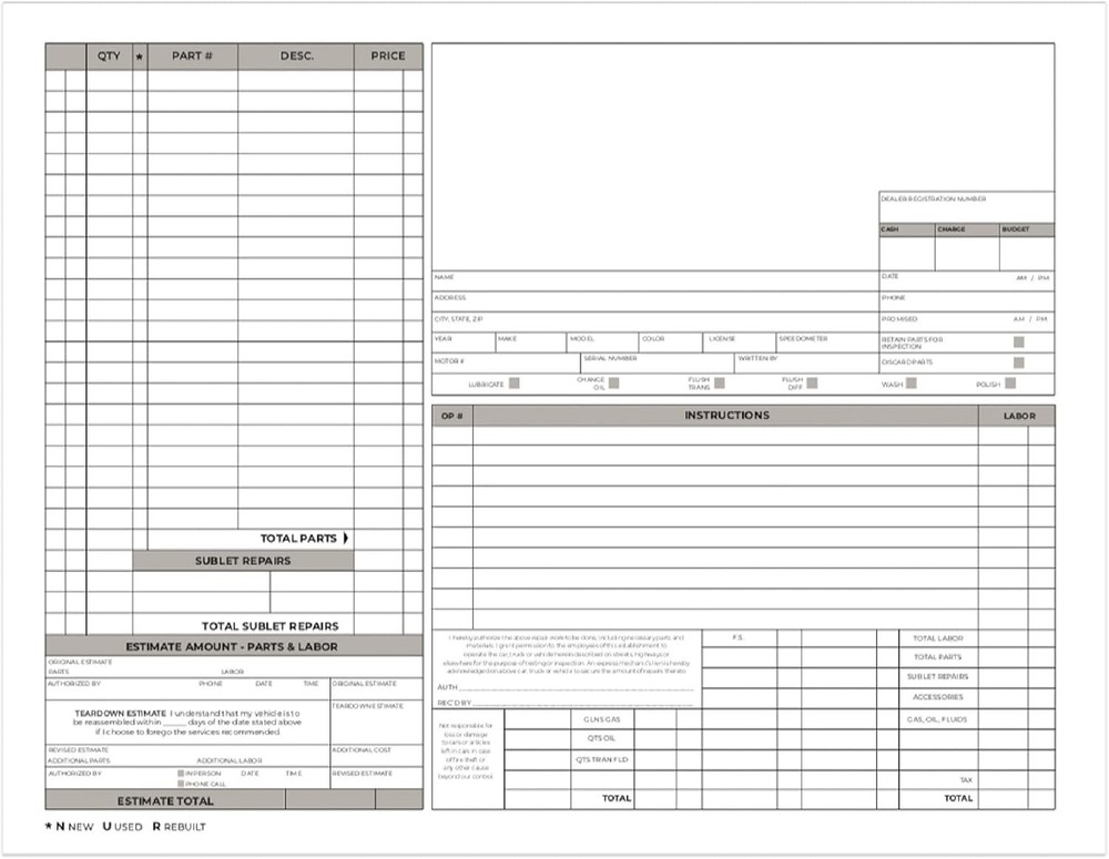 Auto Repair Check 3-Part Carbonless 8.5″ x 11″, White, Black, Pink, Yellow