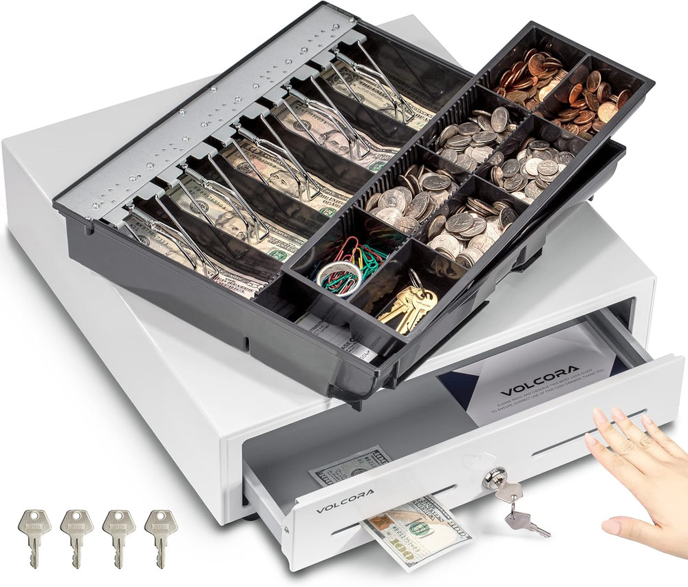 16″ Heavy Duty Cash Register Drawer for POS with Key Lock & Removable Till