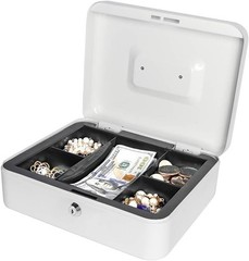Locking Large Metal Cash Box with Money Tray, Lock Box, White