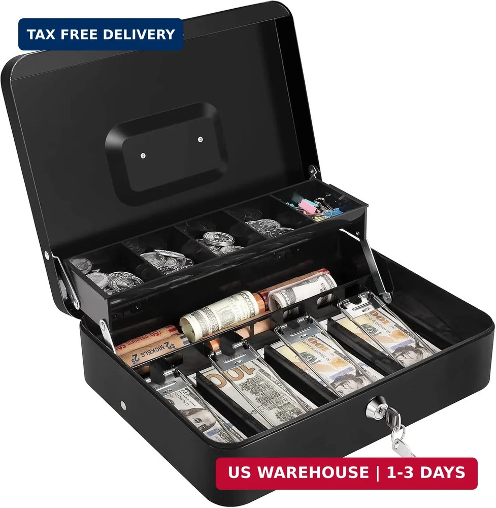 Sumerfnt Cash Box with Money Tray and Lock Money Box for Cash, Metal Locking Cas