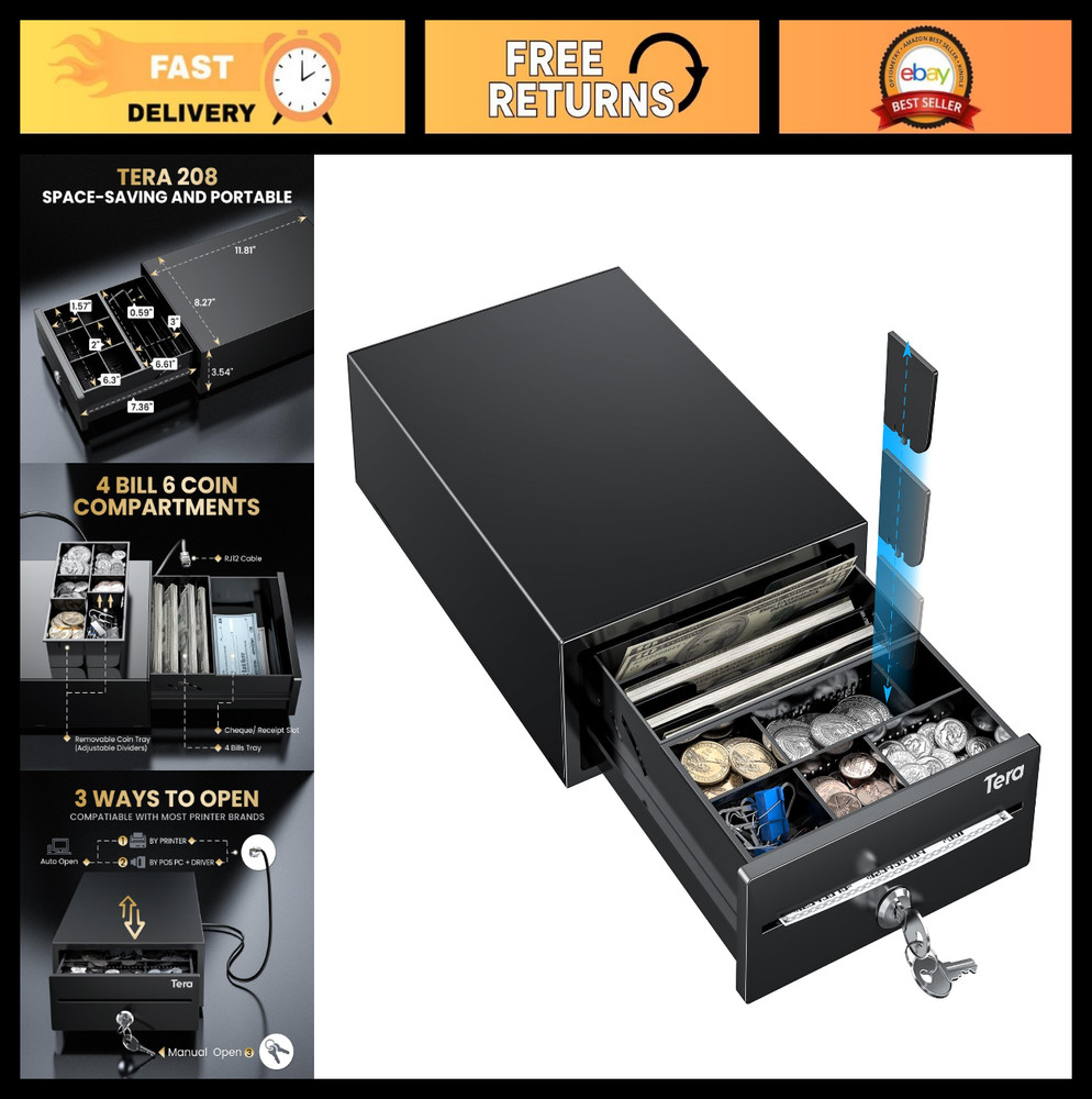 Mini Cash Register Drawer 8″ – 4 Bill 6 Coin, Auto Open, Key-Lock, POS Compatibl