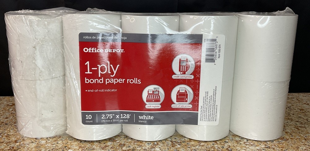 Office Depot 1-Ply Bond Paper Rolls 10 Count (2.75″ x 128′ Per Roll) White *READ